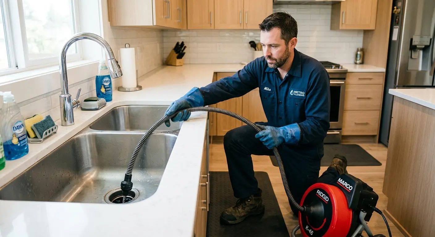 Drain cleaning technician using a motorized snake on a kitchen sink in Atchison