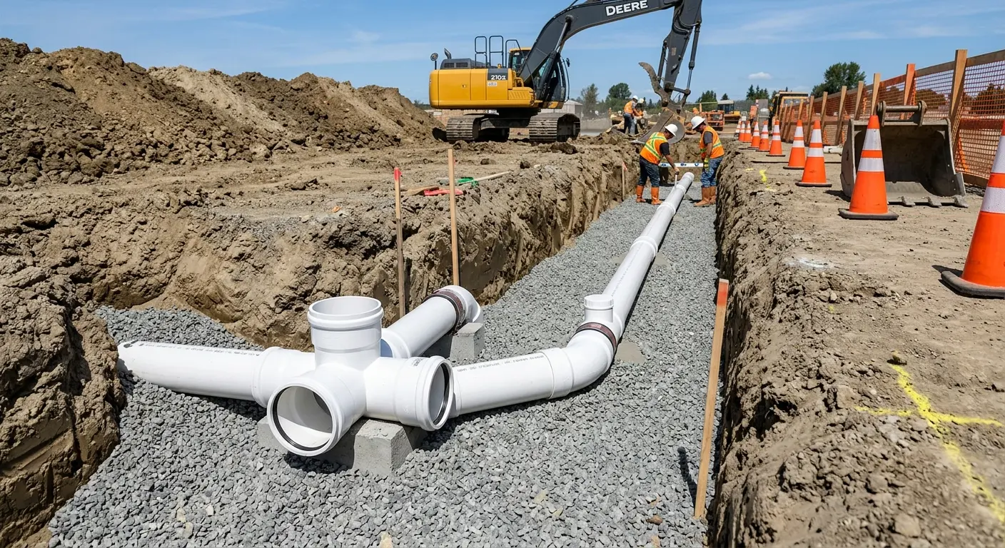 New PVC sewer pipe installation in open trench for Commercial Drain Cleaning in Atchison