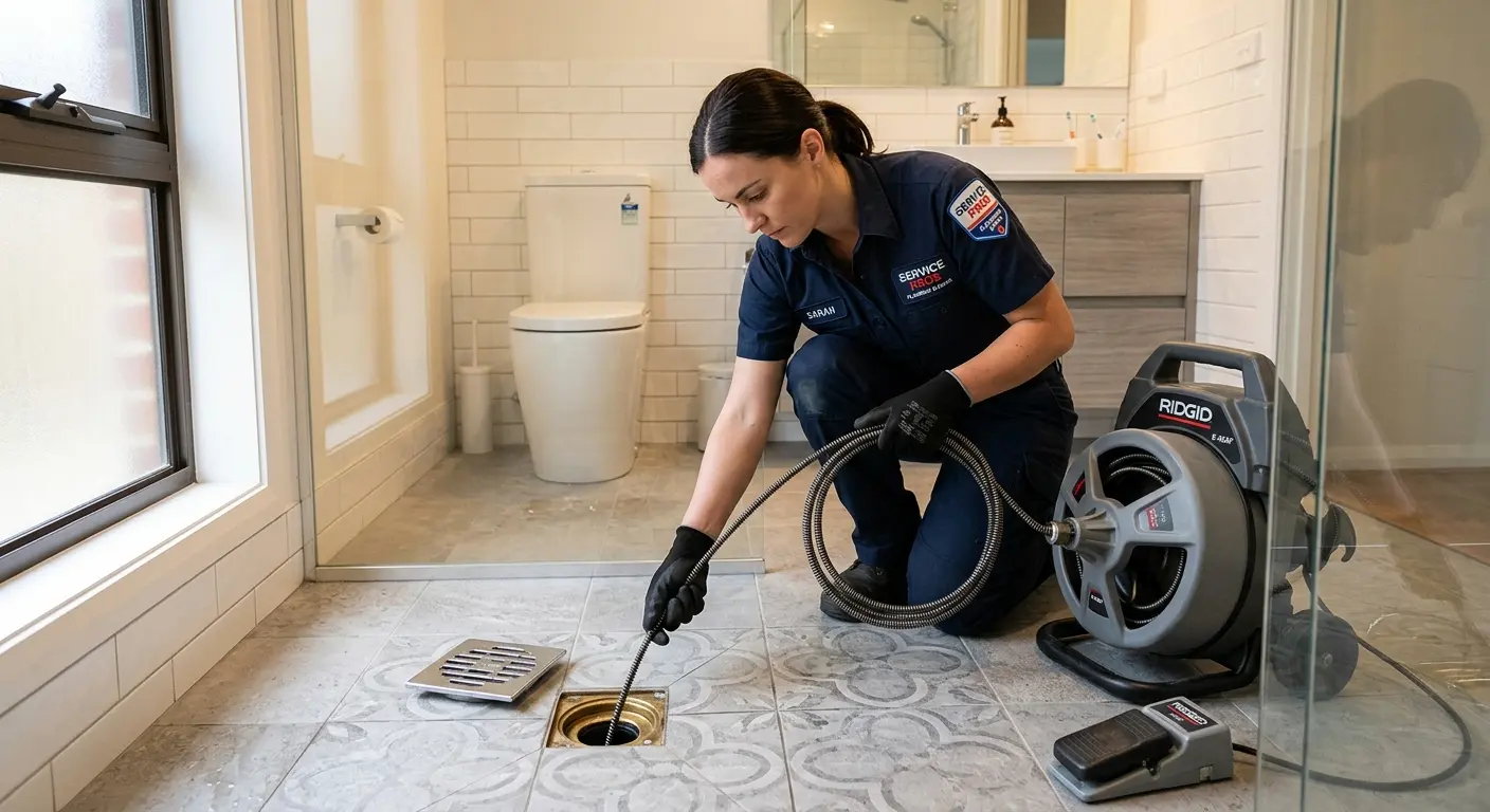 Technician clearing a bathroom floor drain for Sewer Line Replacement in Atchison